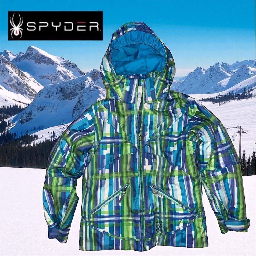 Spyder Girls Snowboarding Two in One Zip Out Jacket Blue Green Pixel Plaid